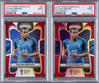 2018 Panini Prizm World Cup Red Prizm #80 Kylian Mbappe PSA MINT 9 Rookie Cards Pair (2)
